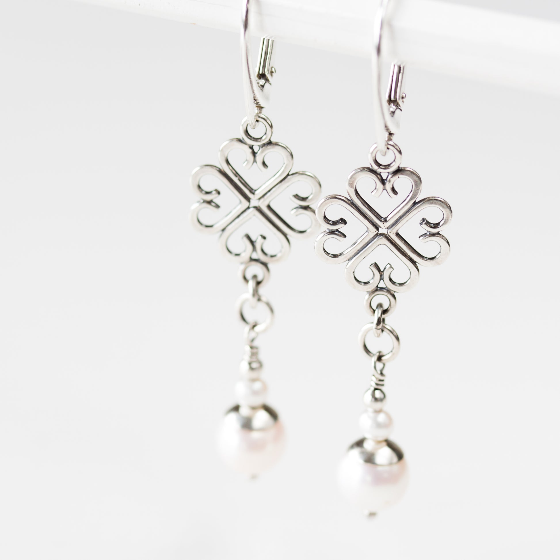 Long Elegant Pearl Earrings, Four Leaf Clover and White Pearl Dangle, Sterling Silver - jewelry by CookOnStrike