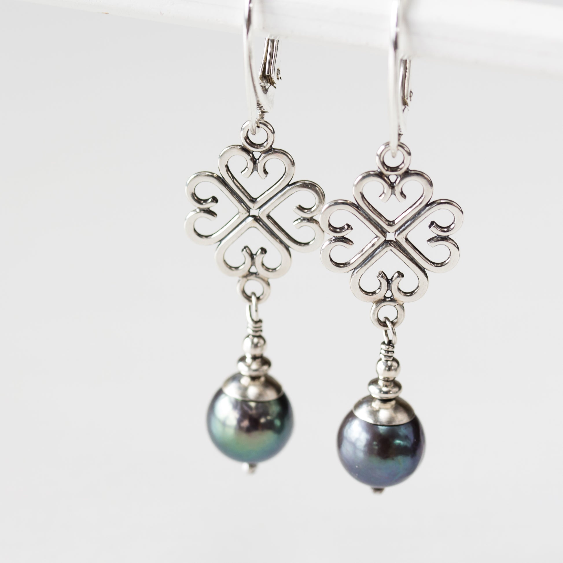 Elegant Four Leaf Clover Earrings with Black Pearl Drop - jewelry by CookOnStrike