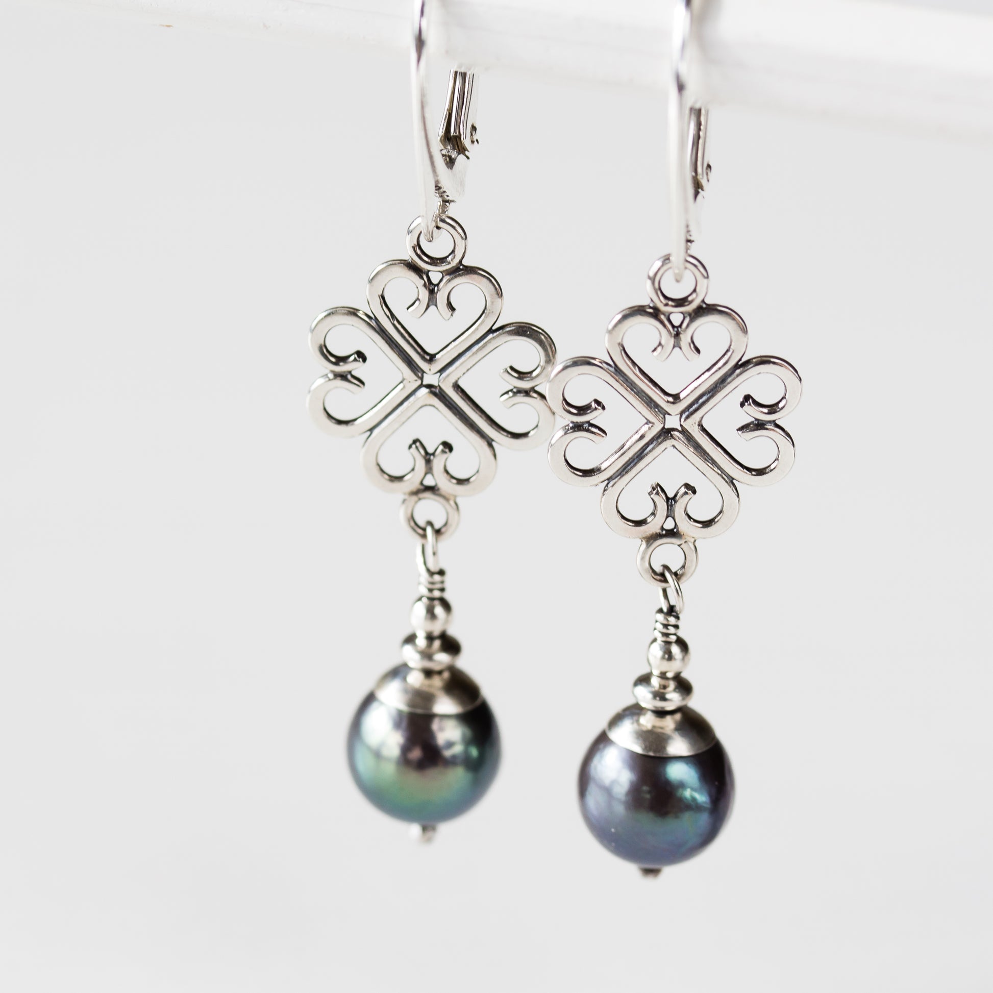 Elegant Four Leaf Clover Earrings with Black Pearl Drop - jewelry by CookOnStrike