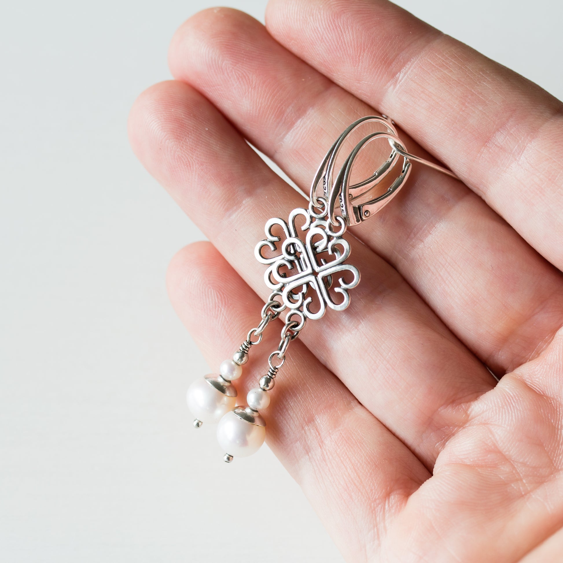 Long Elegant Pearl Earrings, Four Leaf Clover and White Pearl Dangle, Sterling Silver - jewelry by CookOnStrike