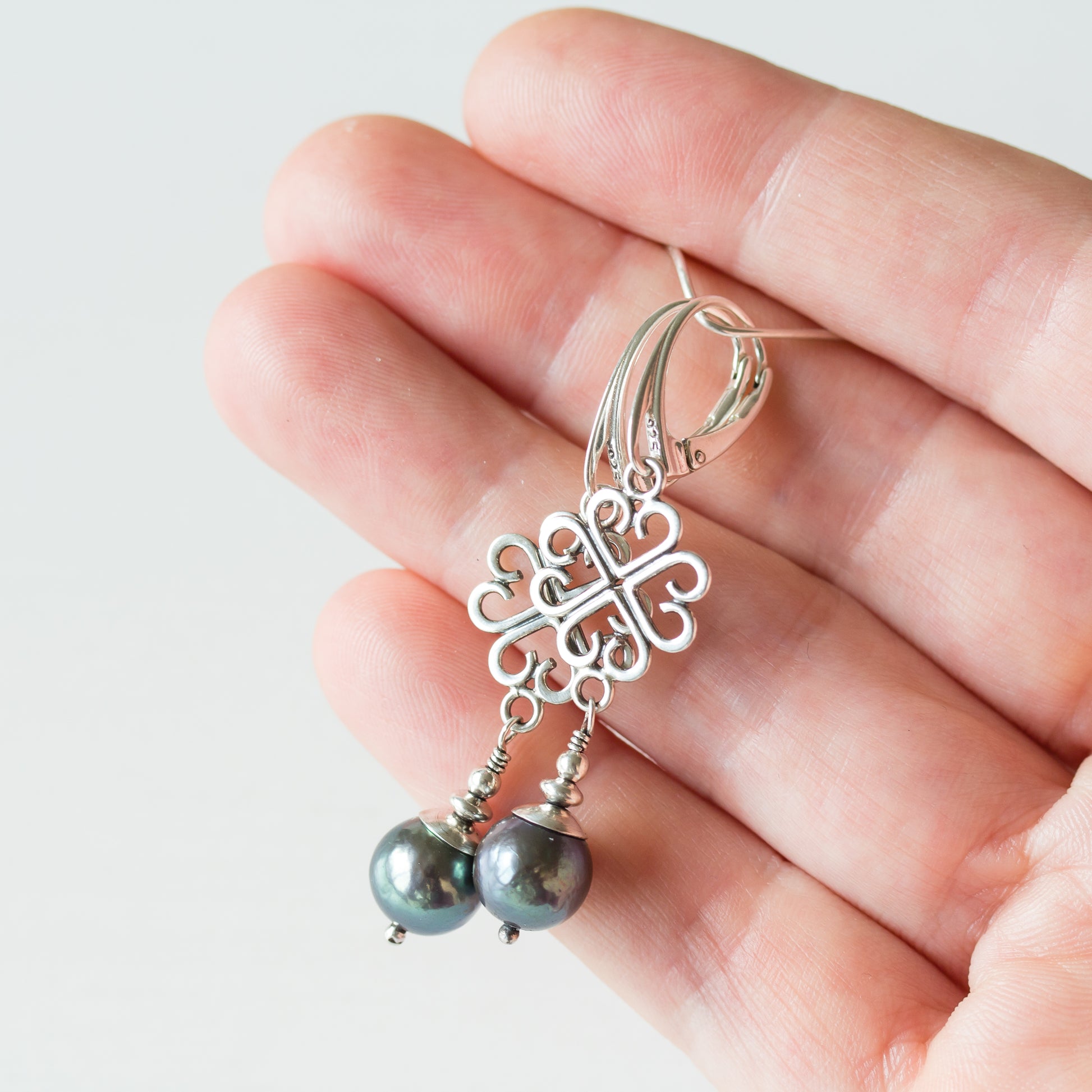 Elegant Four Leaf Clover Earrings with Black Pearl Drop - jewelry by CookOnStrike