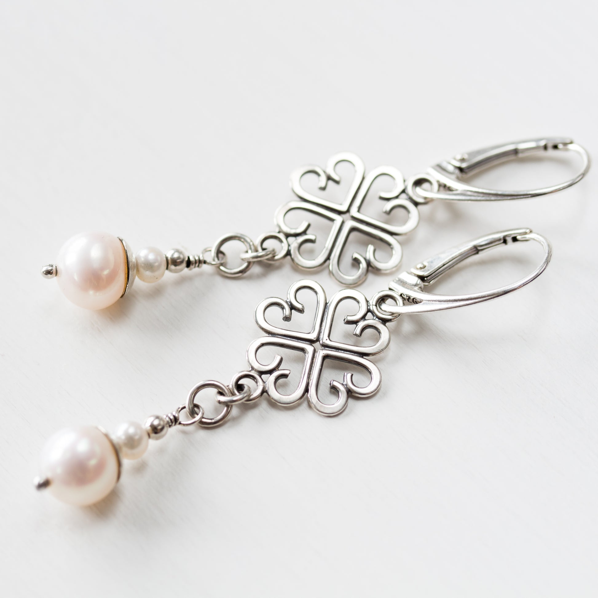 Long Elegant Pearl Earrings, Four Leaf Clover and White Pearl Dangle, Sterling Silver - jewelry by CookOnStrike