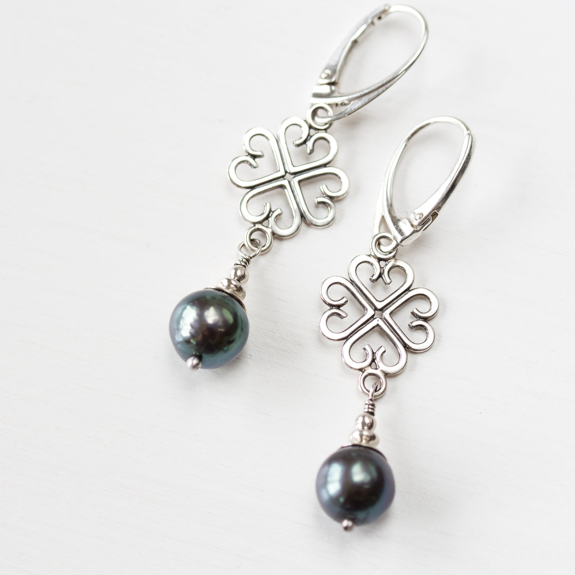 Elegant Four Leaf Clover Earrings with Black Pearl Drop - jewelry by CookOnStrike
