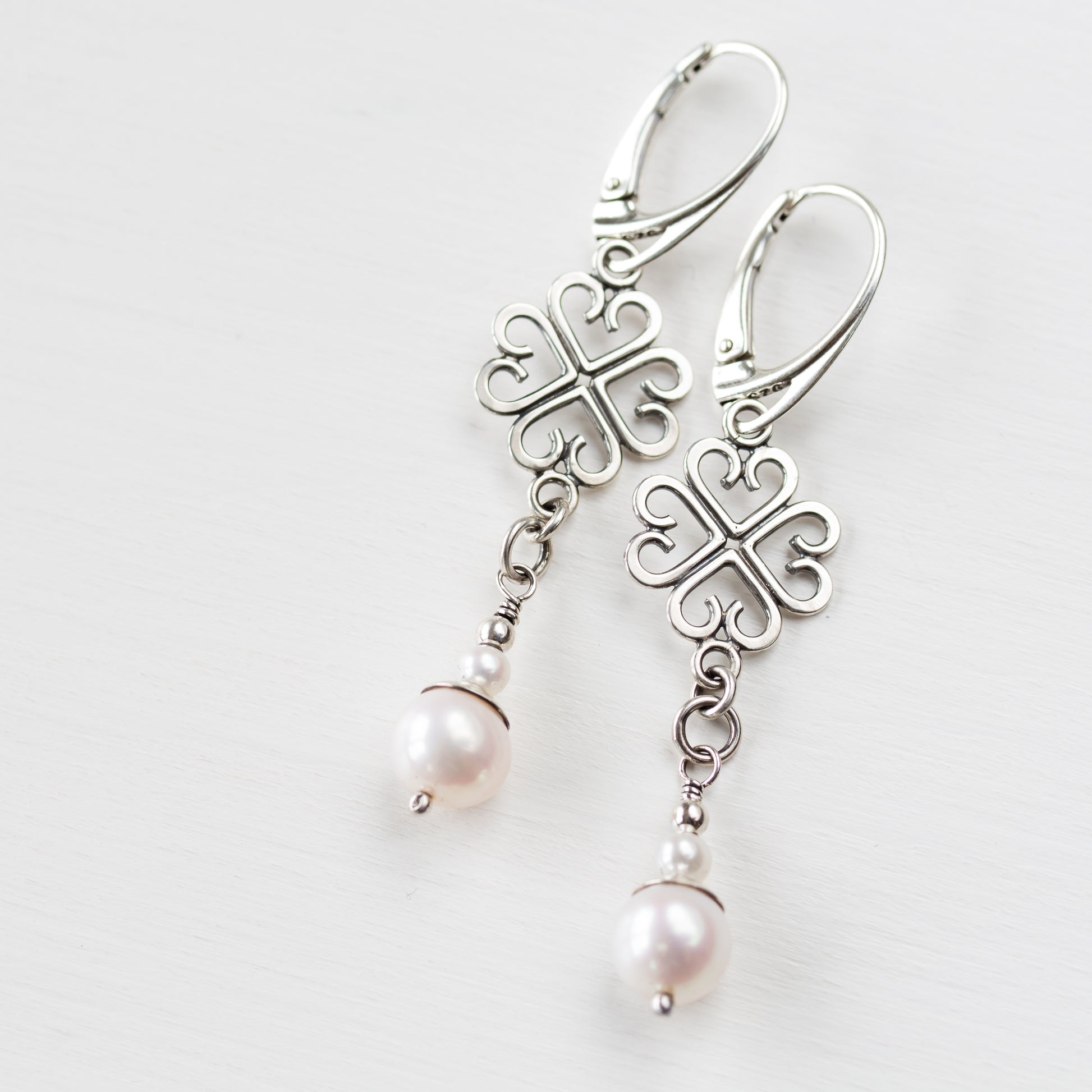 Long Elegant Pearl Earrings, Four Leaf Clover and White Pearl Dangle, Sterling Silver - jewelry by CookOnStrike