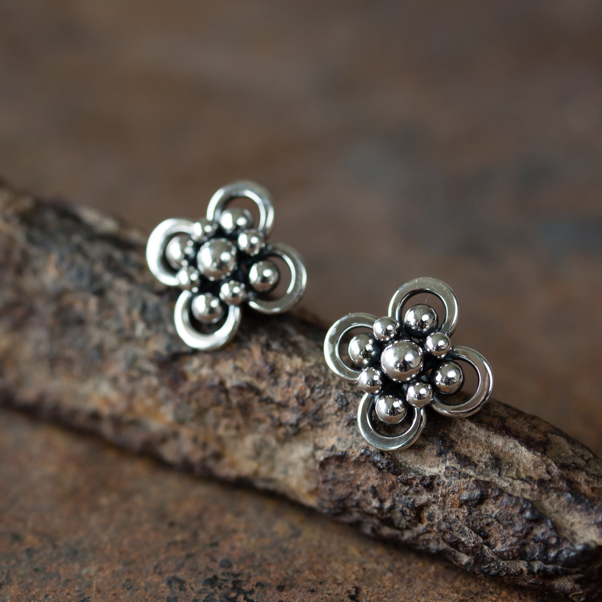 Atomic Arabesque Starburst Flower Stud Earrings, Sterling Silver - jewelry by CookOnStrike