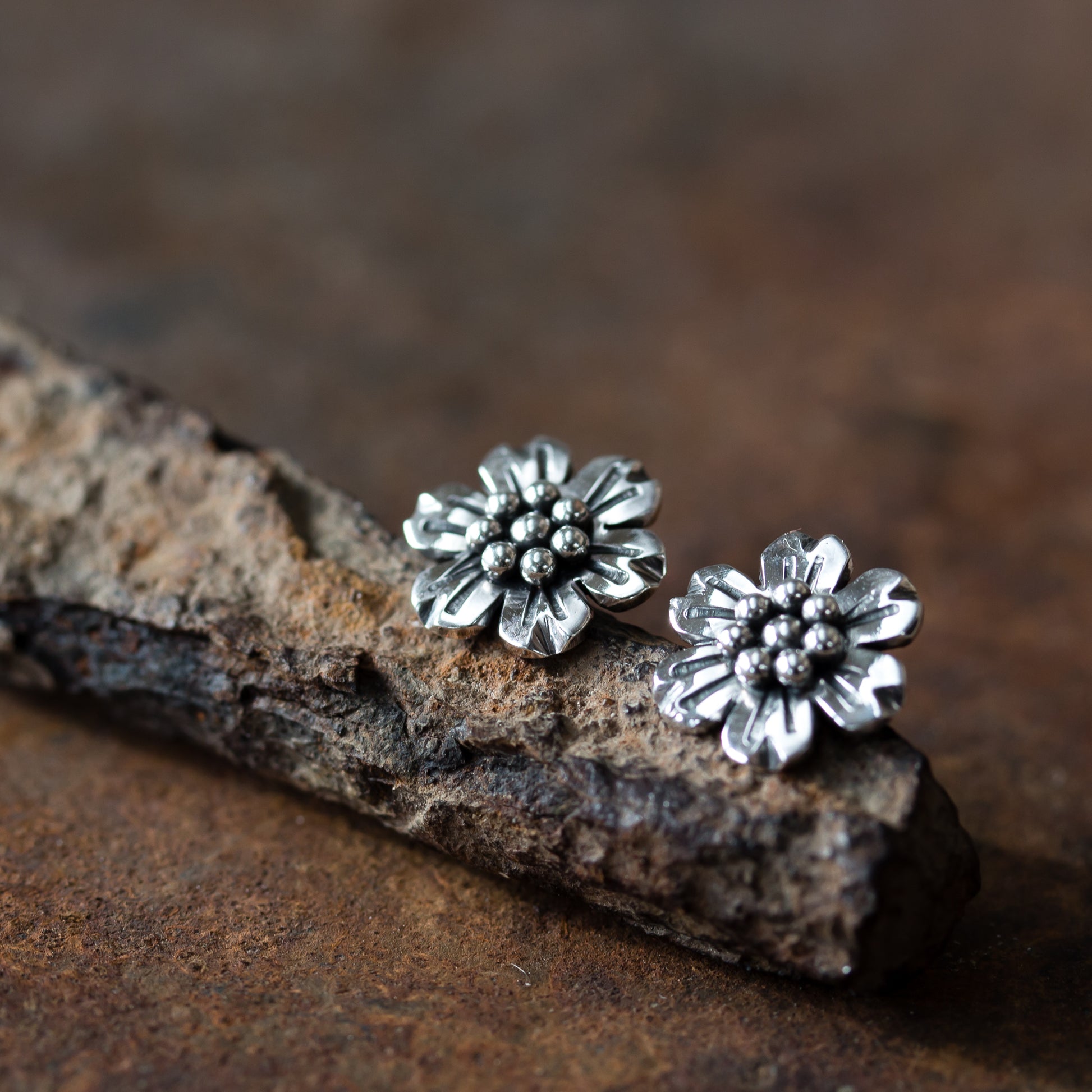 Handmade Flower Stud Earrings, Sterling Silver - jewelry by CookOnStrike