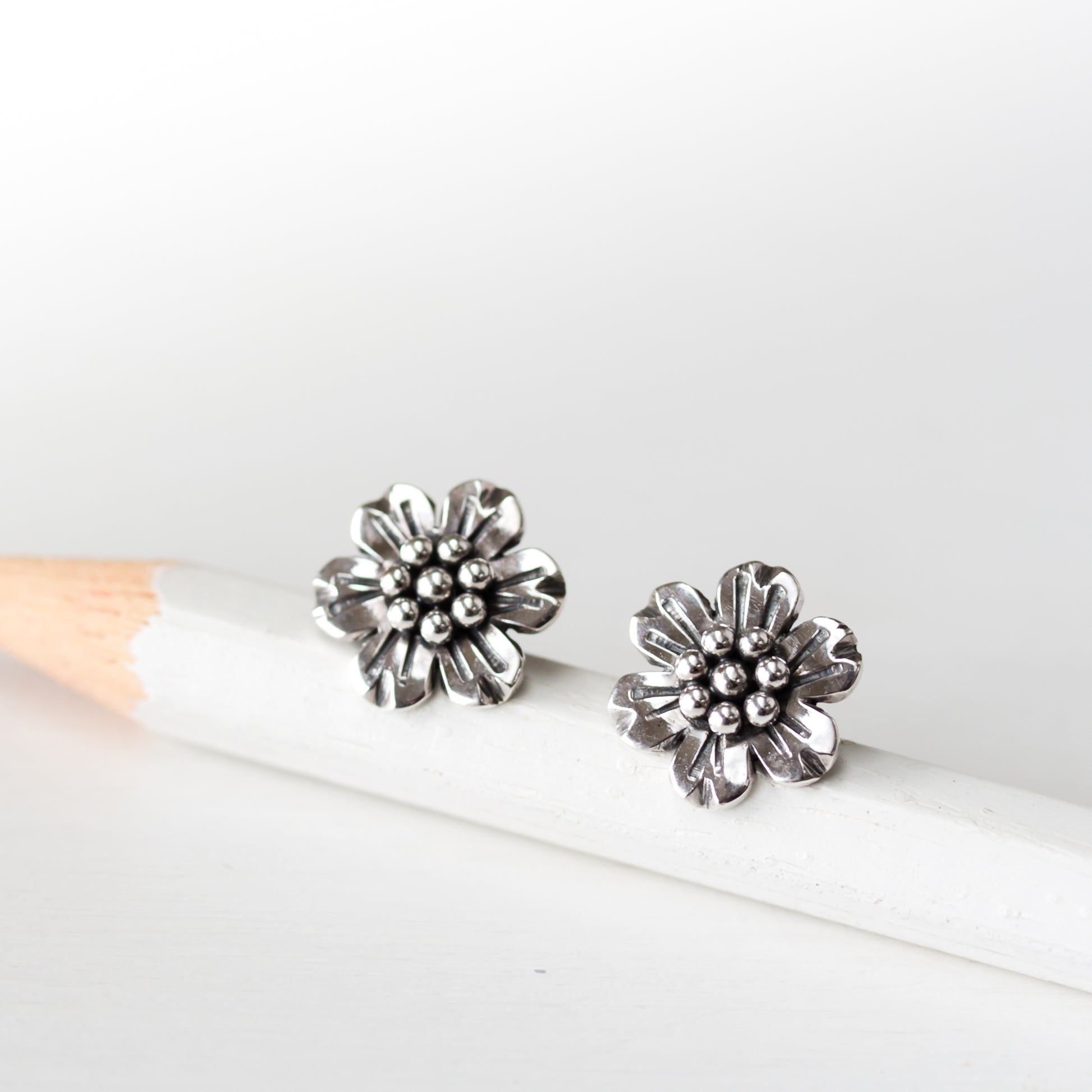 Handmade Flower Stud Earrings, Sterling Silver - jewelry by CookOnStrike