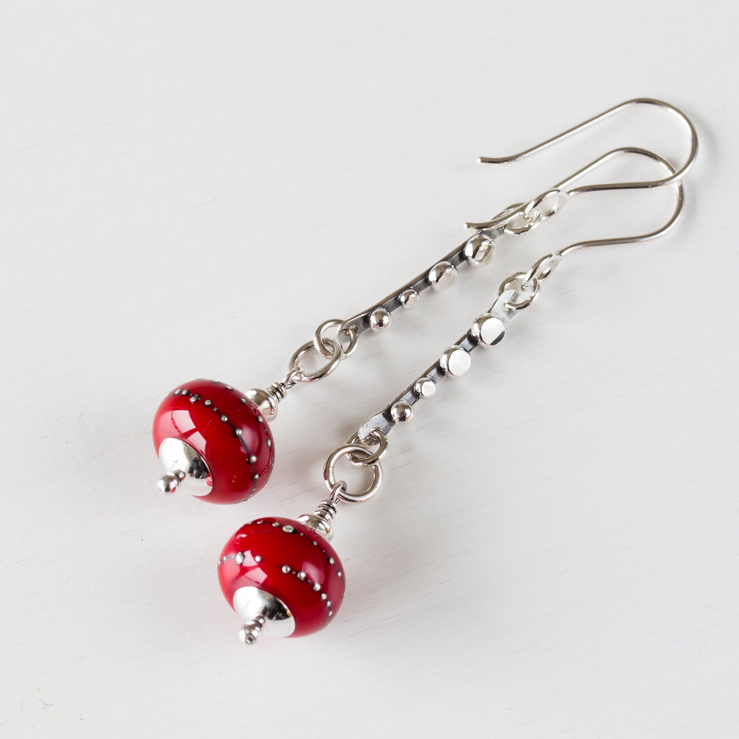 Contemporary Cherry Red Lampwork Earrings, Sterling Silver - jewelry by CookOnStrike