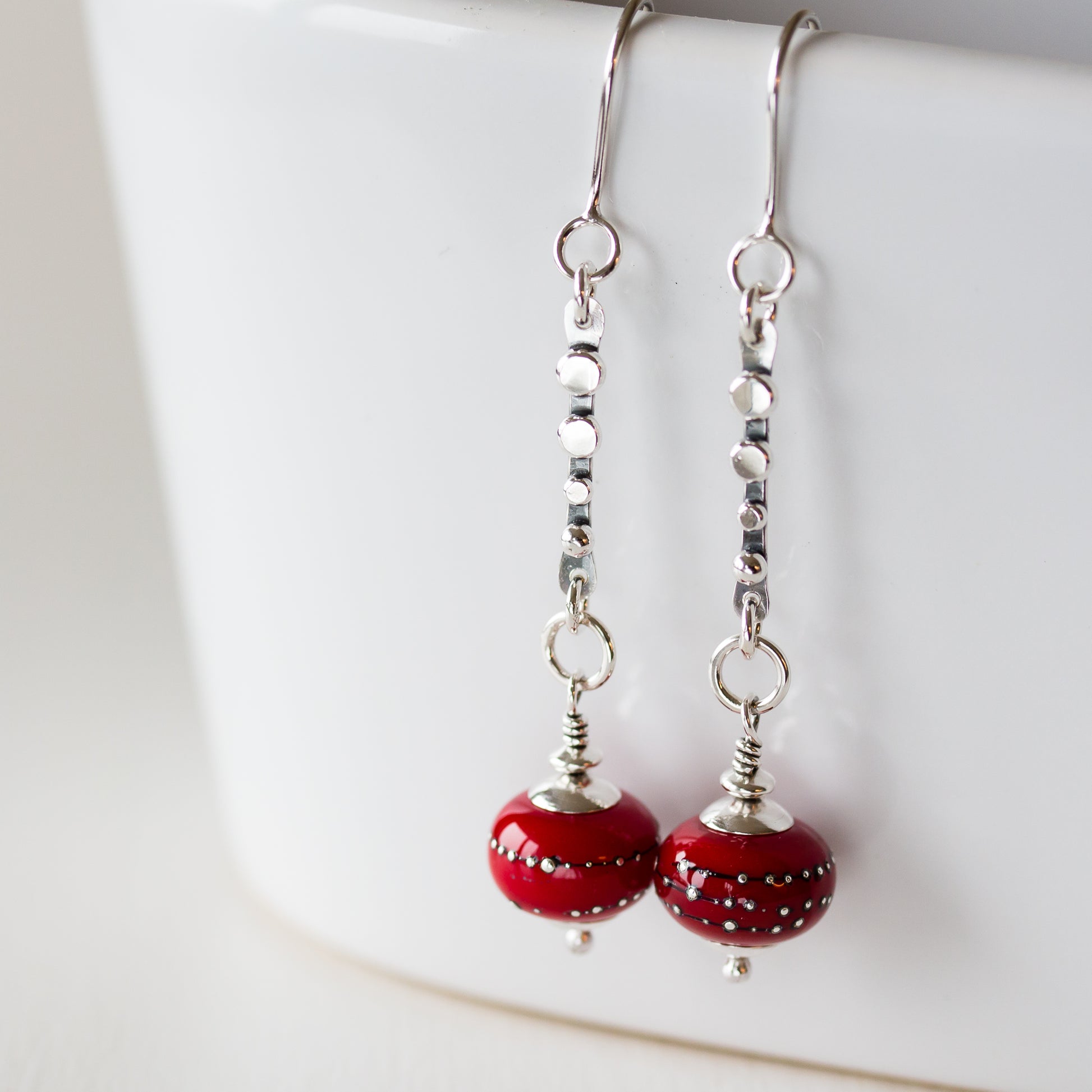 Contemporary Cherry Red Lampwork Earrings, Sterling Silver - jewelry by CookOnStrike