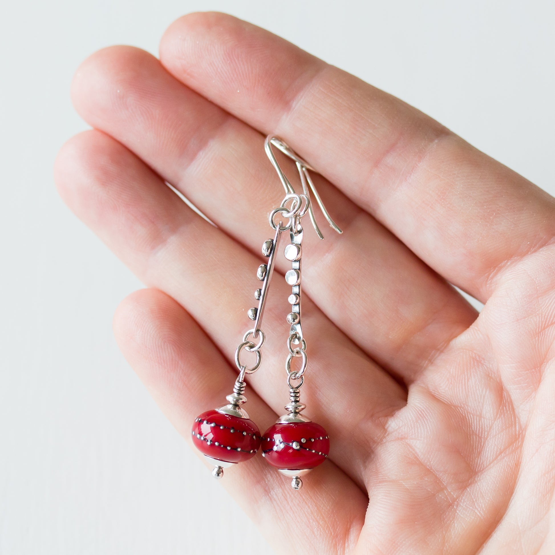 Contemporary Cherry Red Lampwork Earrings, Sterling Silver - jewelry by CookOnStrike