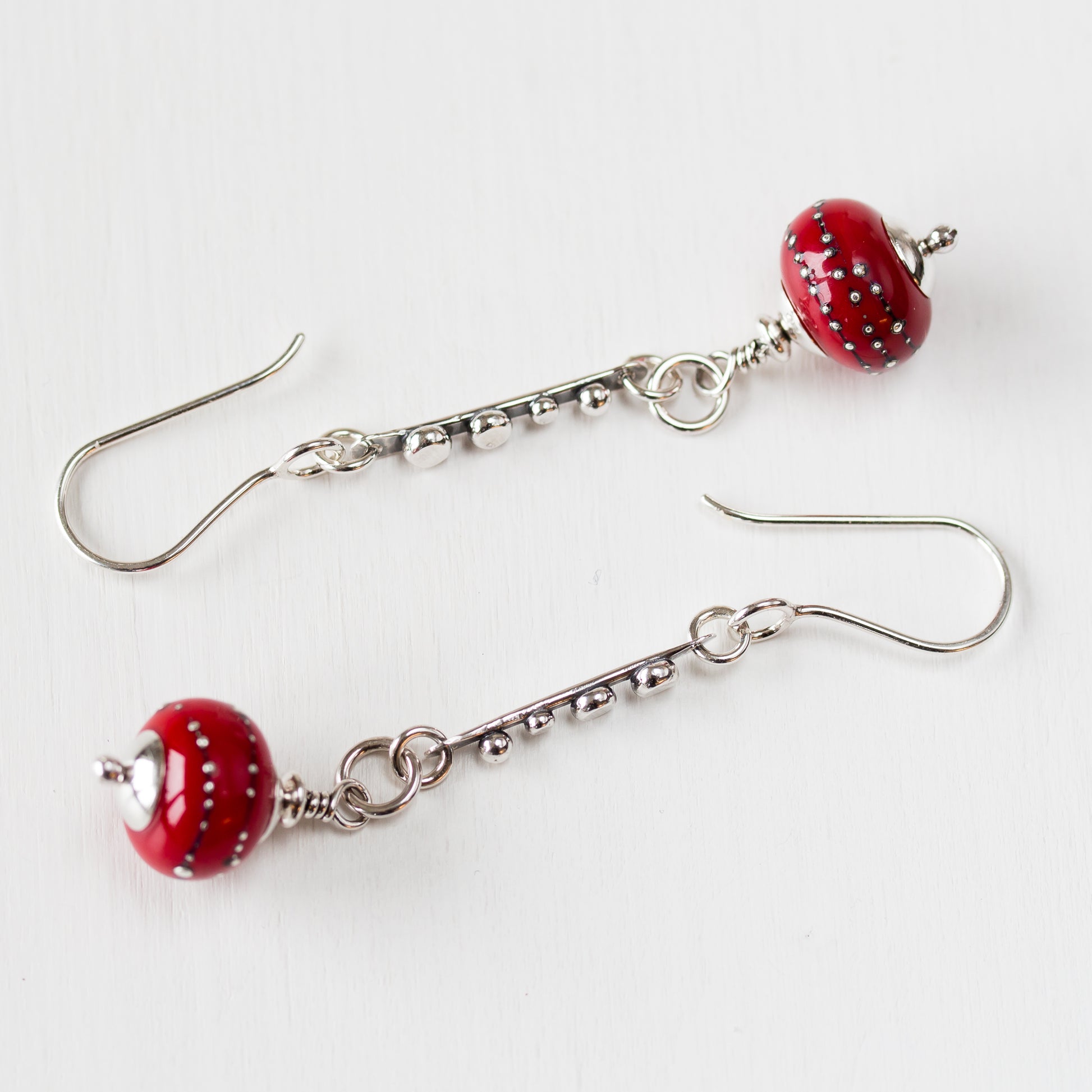 Contemporary Cherry Red Lampwork Earrings, Sterling Silver - jewelry by CookOnStrike