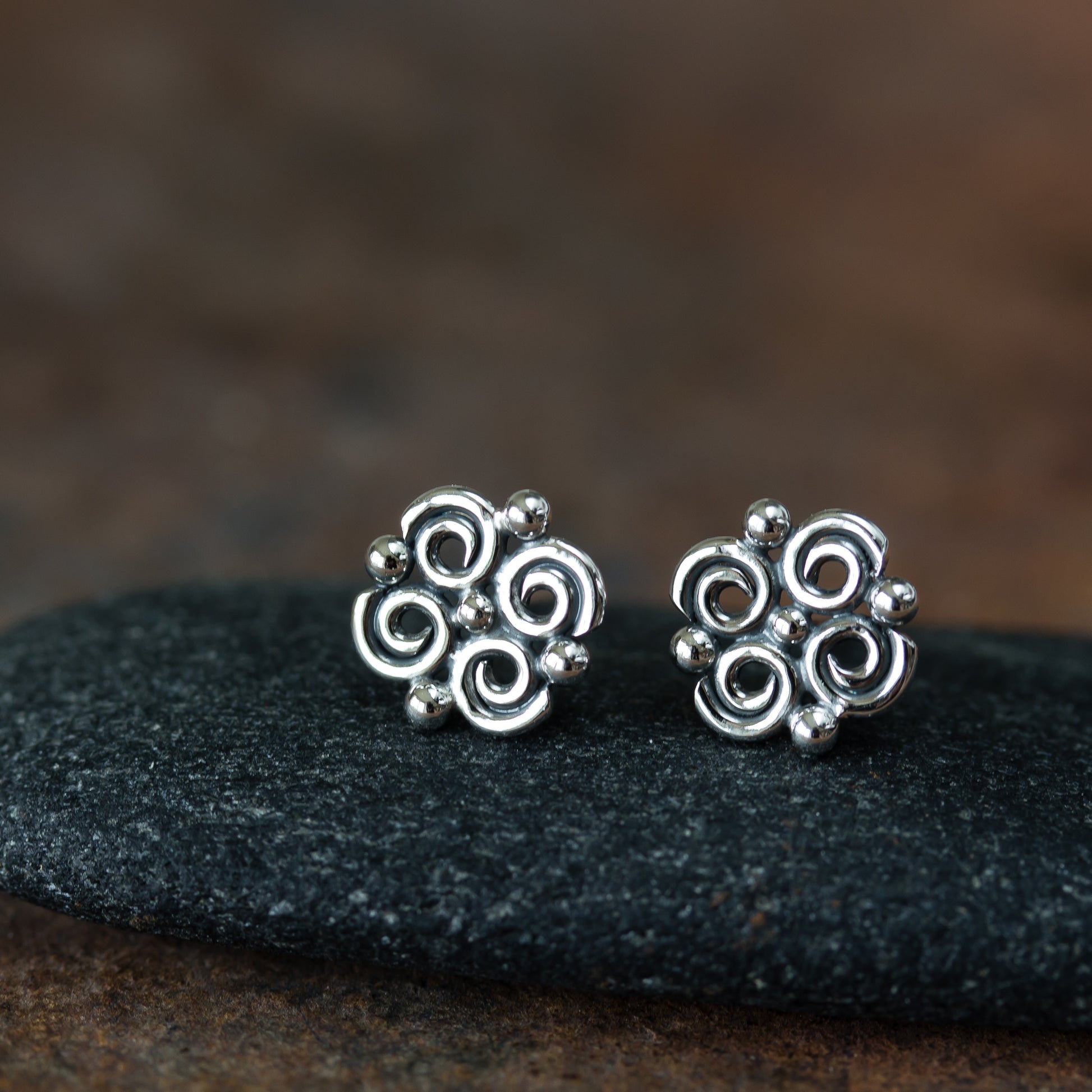 Small Intricate Spiral and Dot Ornamental Stud Earrings, Sterling Silver - jewelry by CookOnStrike