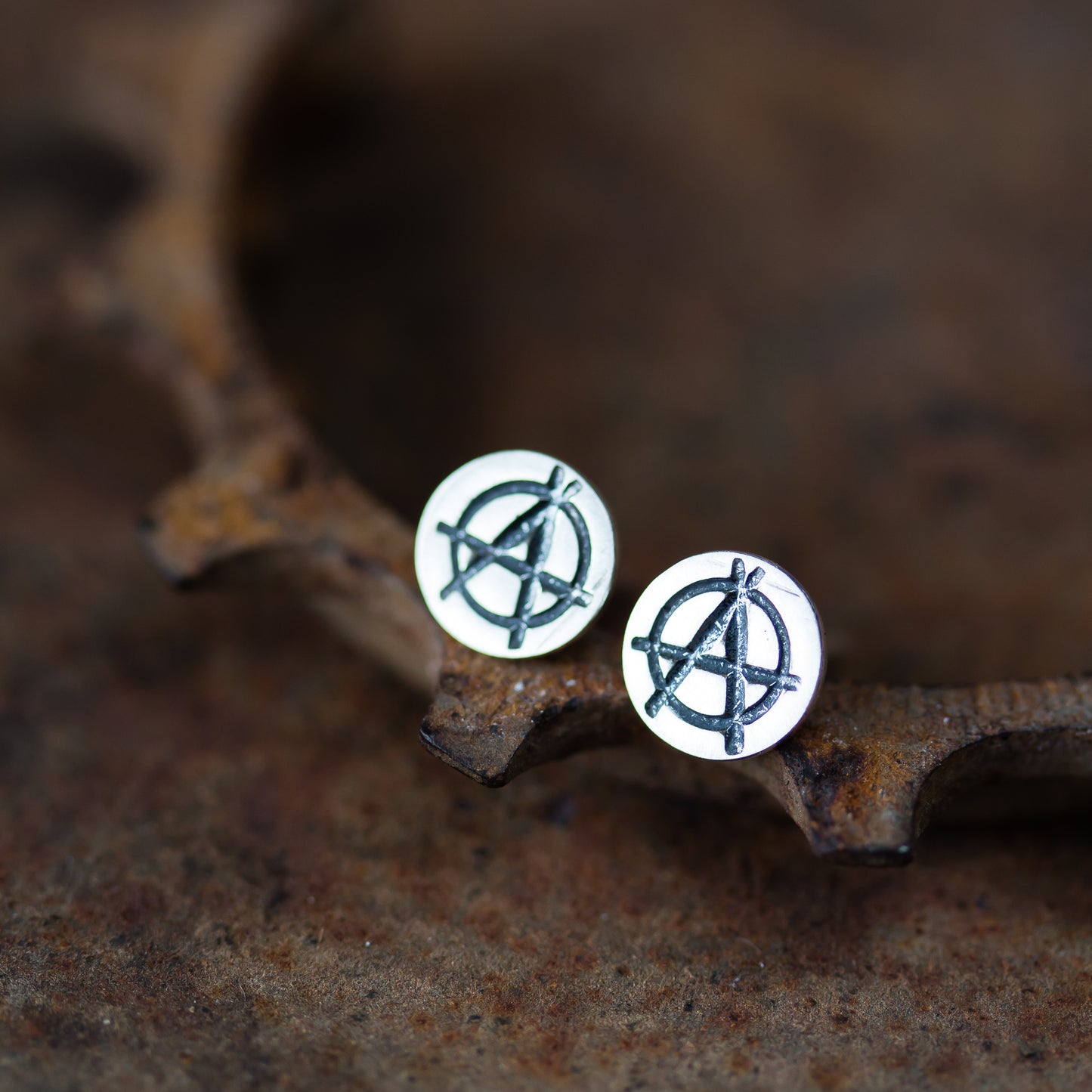 Punk Rock Anarchy Logo Stud Earrings, Hand Stamped Sterling Silver - jewelry by CookOnStrike