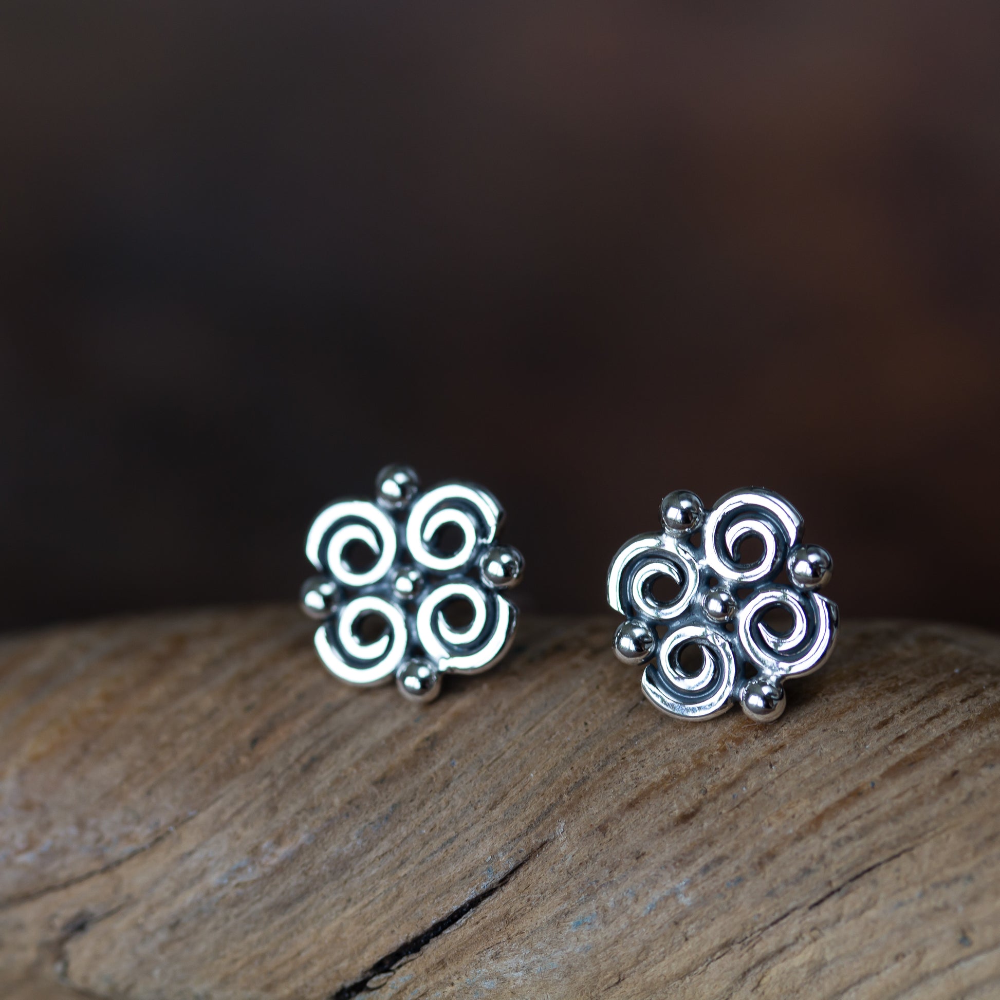 Small Intricate Spiral and Dot Ornamental Stud Earrings, Sterling Silver - jewelry by CookOnStrike