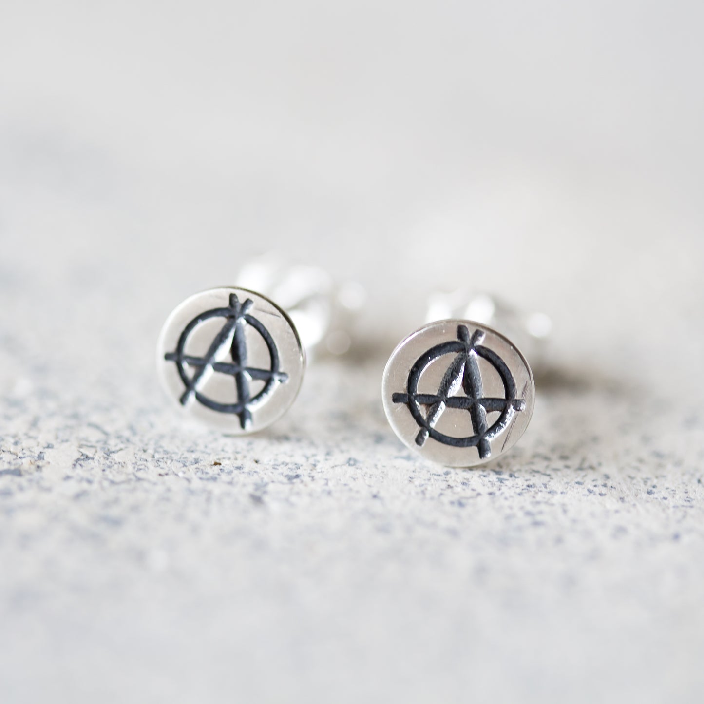 Punk Rock Anarchy Logo Stud Earrings, Hand Stamped Sterling Silver - jewelry by CookOnStrike