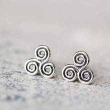 Load image into Gallery viewer, Small Celtic Triskele Earrings, 8mm Triple spiral - jewelry by CookOnStrike