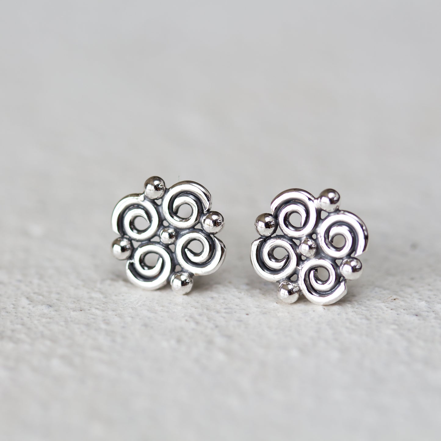 Small Intricate Spiral and Dot Ornamental Stud Earrings, Sterling Silver - jewelry by CookOnStrike