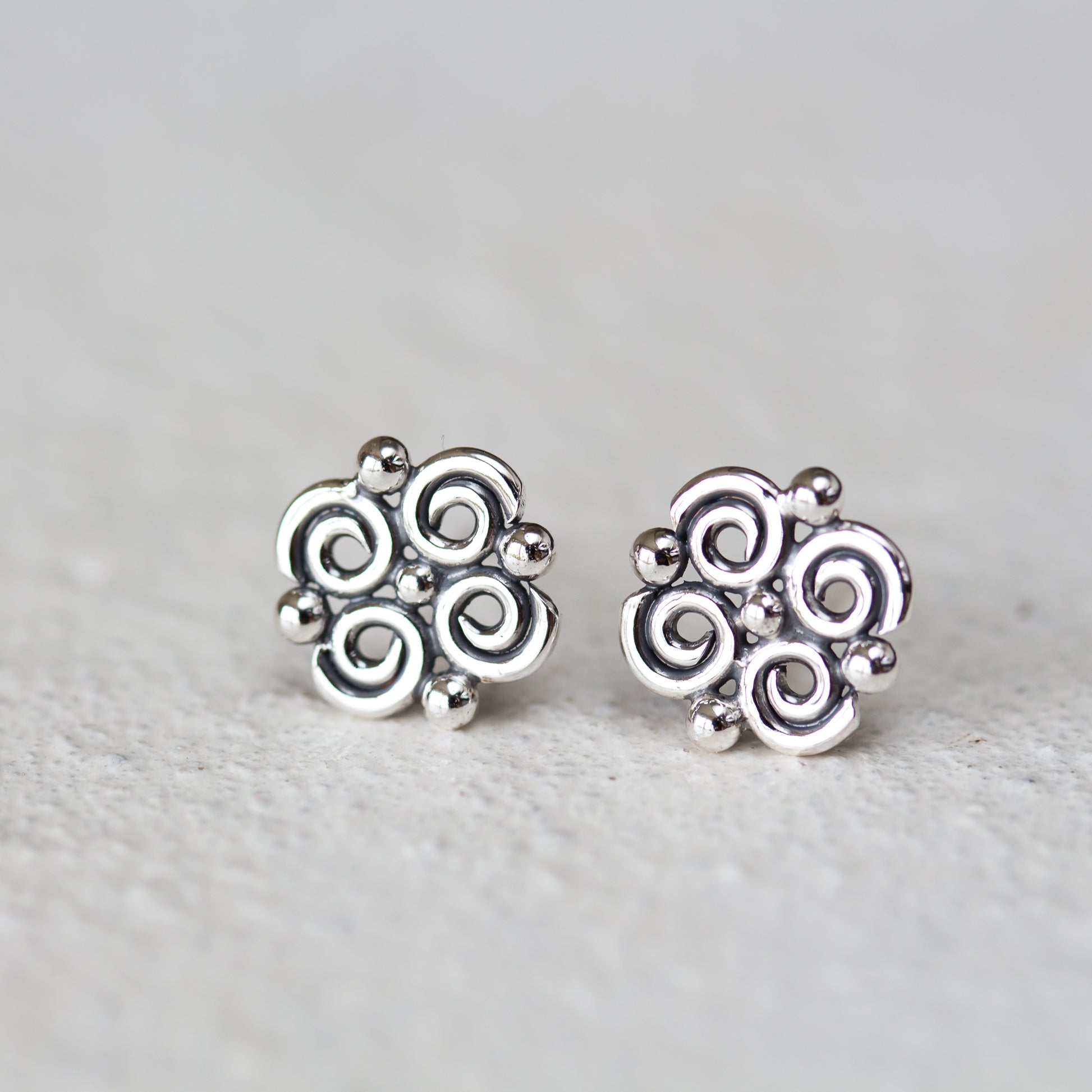Small Intricate Spiral and Dot Ornamental Stud Earrings, Sterling Silver - jewelry by CookOnStrike