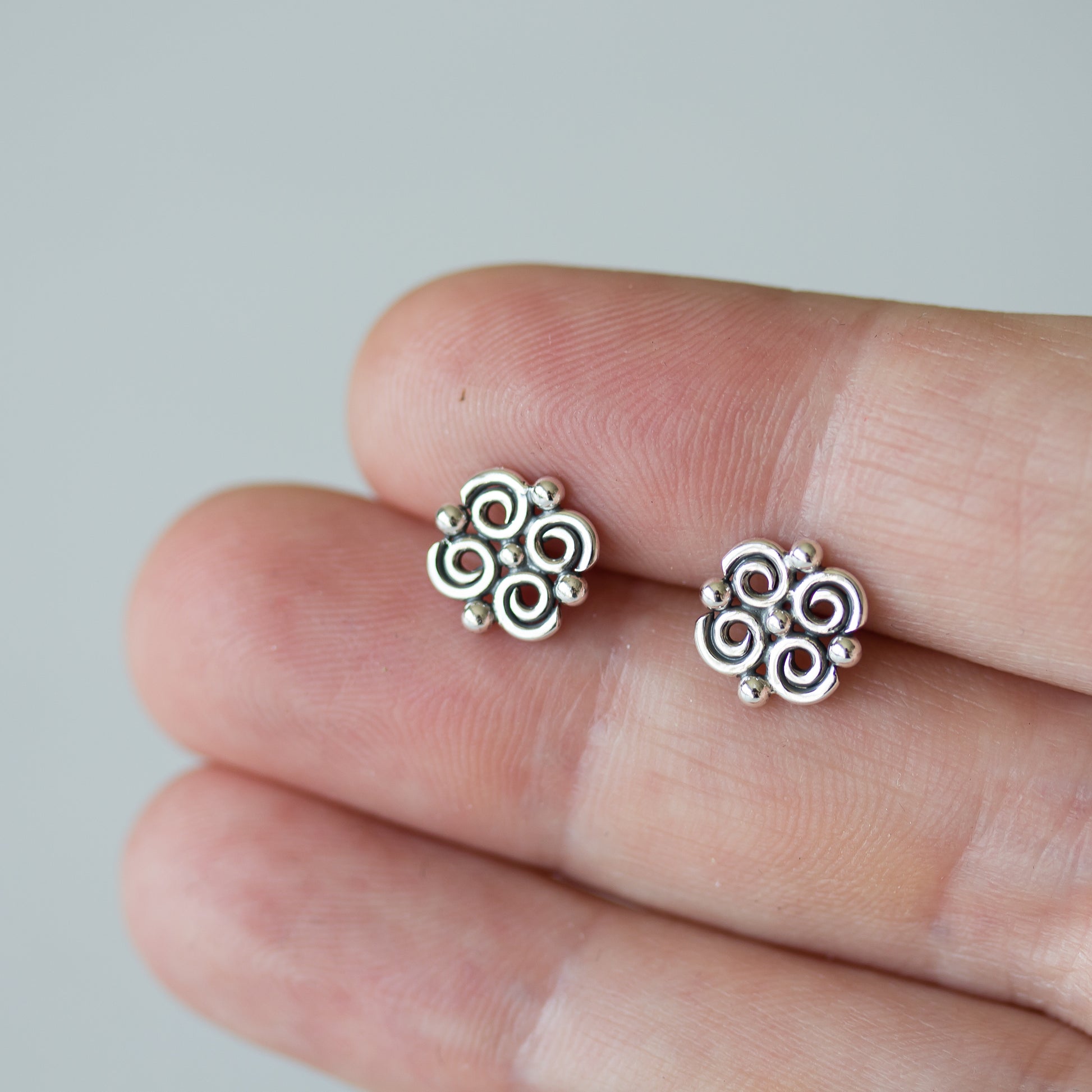 Small Intricate Spiral and Dot Ornamental Stud Earrings, Sterling Silver - jewelry by CookOnStrike