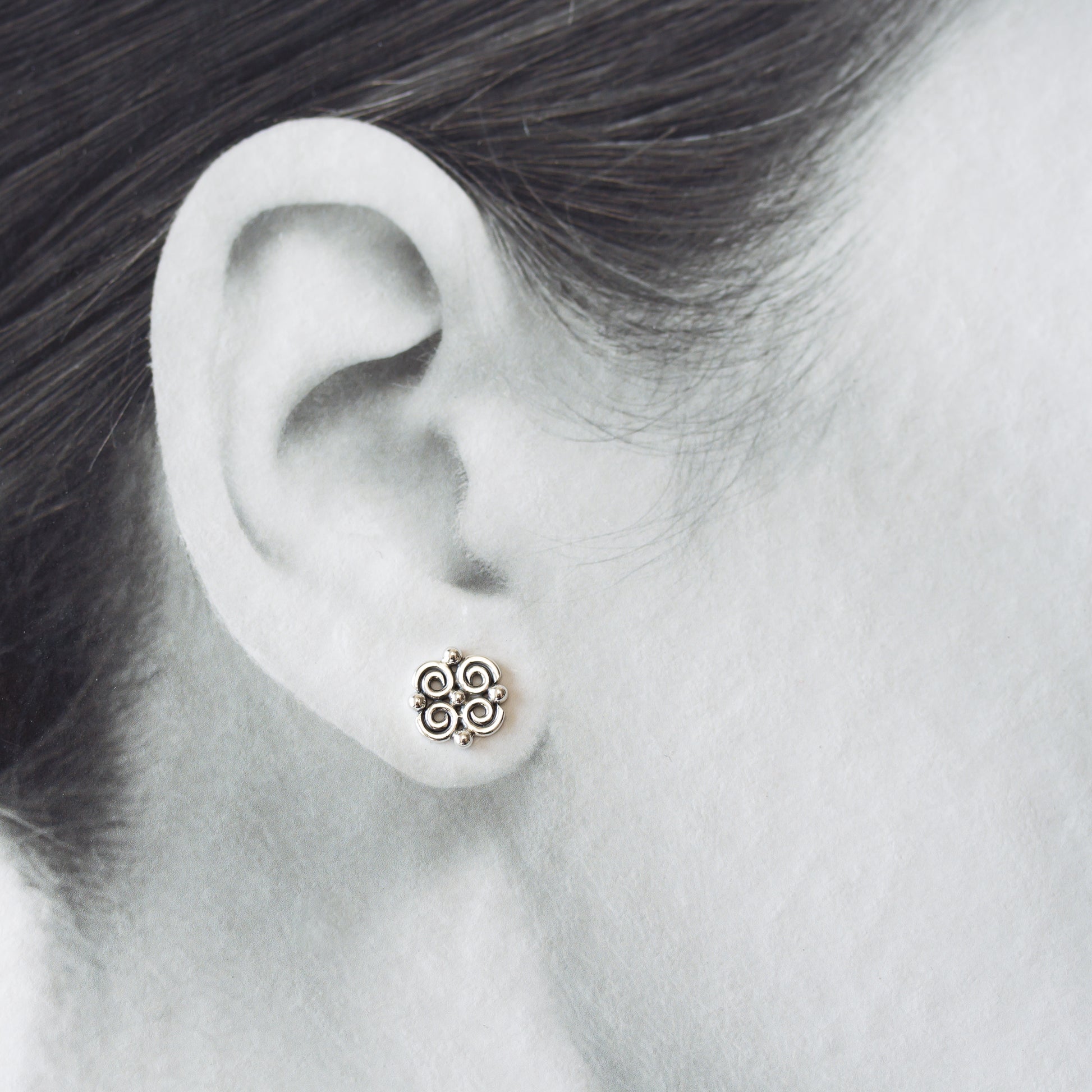 Small Intricate Spiral and Dot Ornamental Stud Earrings, Sterling Silver - jewelry by CookOnStrike