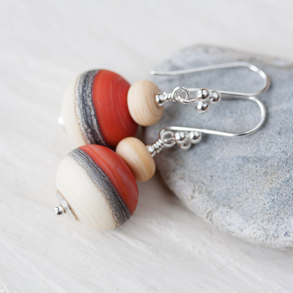 Etched burnt orange red and ivory white lampwork earrings, Sterling silver - jewelry by CookOnStrike