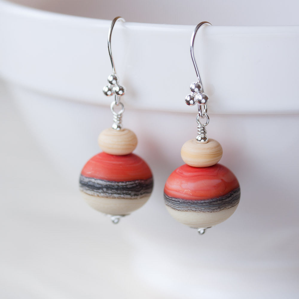 Etched burnt orange red and ivory white lampwork earrings, Sterling silver - jewelry by CookOnStrike