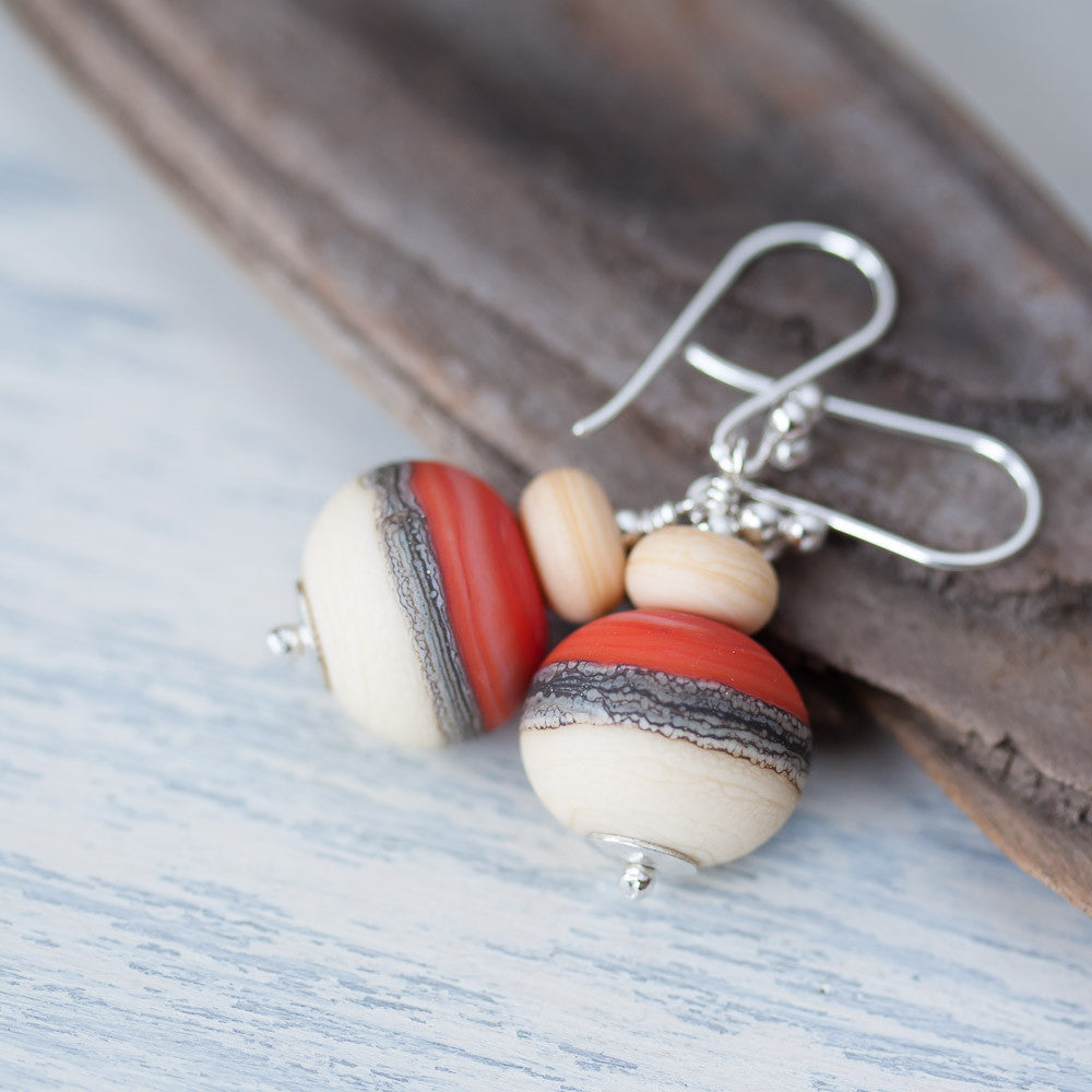 Etched burnt orange red and ivory white lampwork earrings, Sterling silver - jewelry by CookOnStrike