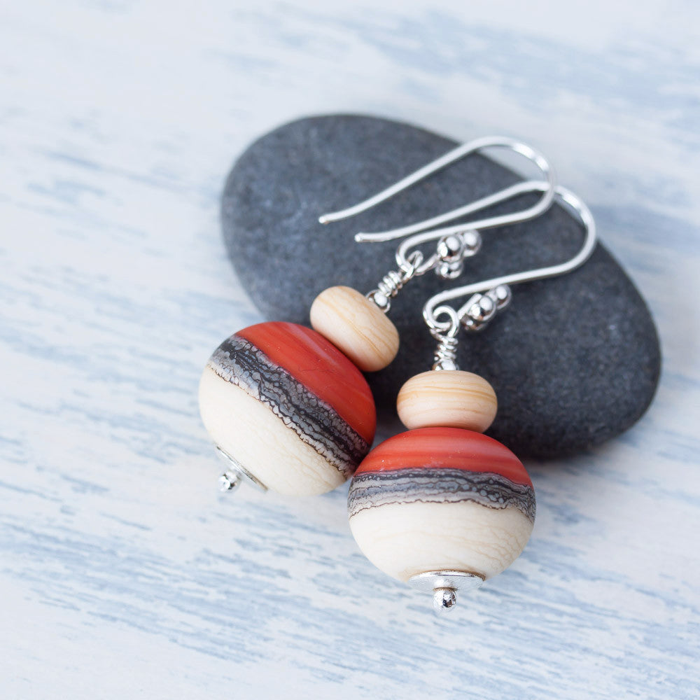 Etched burnt orange red and ivory white lampwork earrings, Sterling silver - jewelry by CookOnStrike