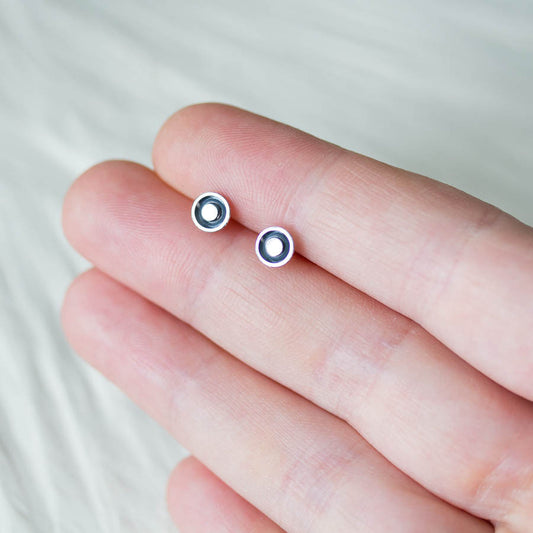 Round Stud Earrings, Black Dome with a Shiny Silver Dot - jewelry by CookOnStrike