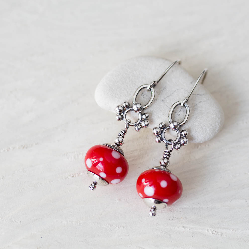 Bright Red Polka Dot Lampwork Earrings, Sterling Silver - jewelry by CookOnStrike