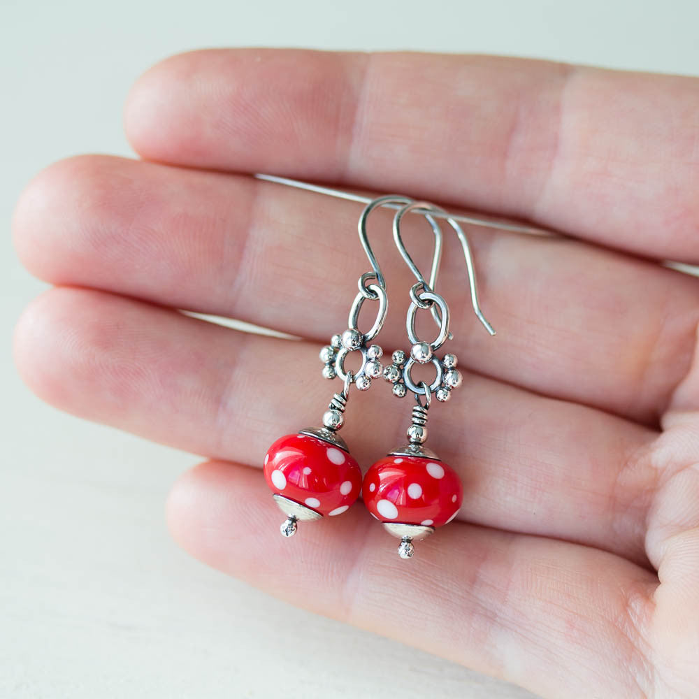 Bright Red Polka Dot Lampwork Earrings, Sterling Silver - jewelry by CookOnStrike