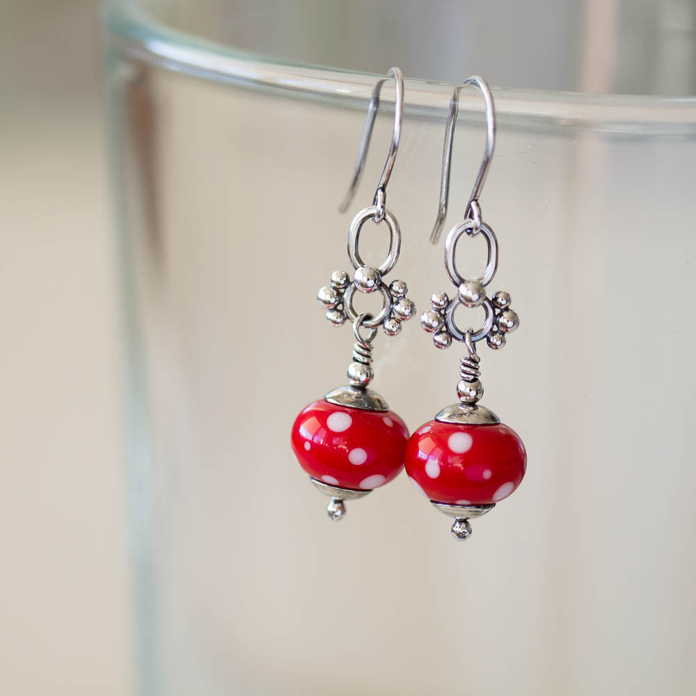 Bright Red Polka Dot Lampwork Earrings, Sterling Silver - jewelry by CookOnStrike