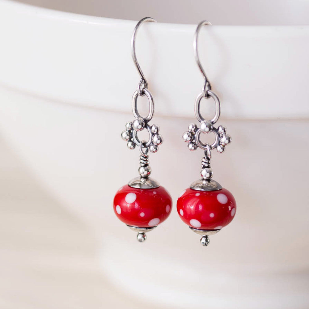 Bright Red Polka Dot Lampwork Earrings, Sterling Silver - jewelry by CookOnStrike