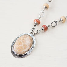 Load image into Gallery viewer, Agatized Fossil Coral Necklace, Pastel Floral Pattern Stone in Silver Bezel - jewelry by CookOnStrike