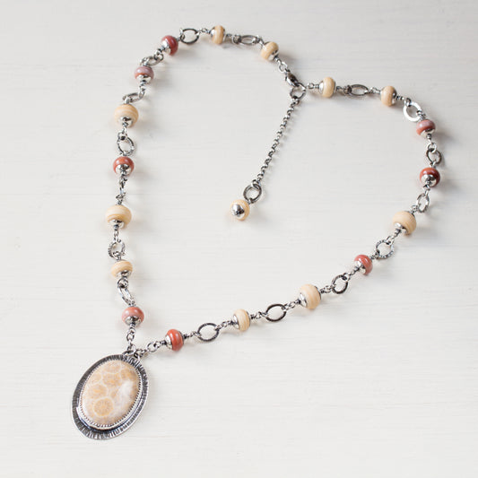 Agatized Fossil Coral Necklace, Pastel Floral Pattern Stone in Silver Bezel - jewelry by CookOnStrike