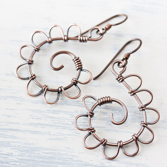 Playful Solid Copper Spiral Earrings, Hypoallergenic - jewelry by CookOnStrike