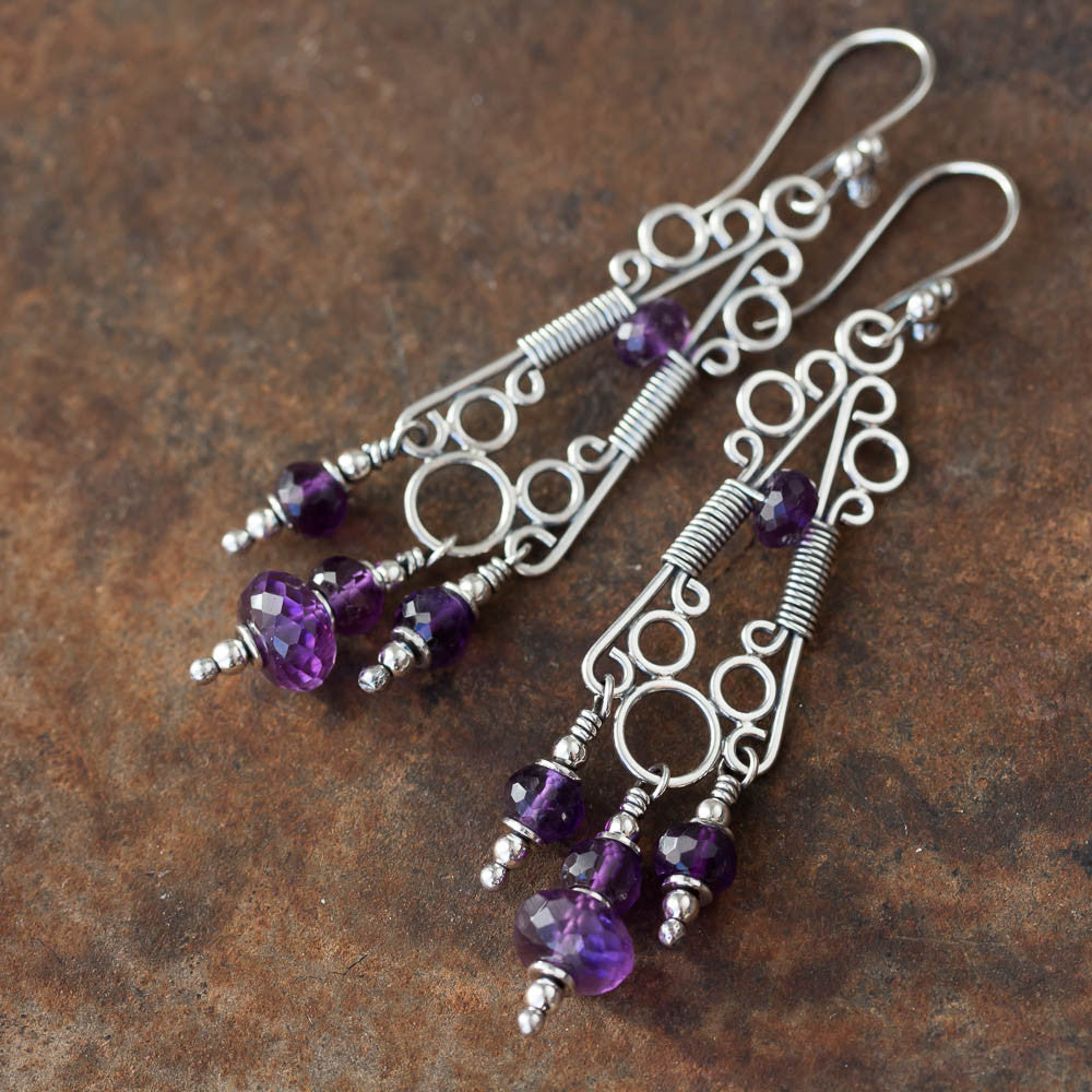 Amethyst Chandelier Earrings, Natural Faceted Stones, Sterling Silver - jewelry by CookOnStrike