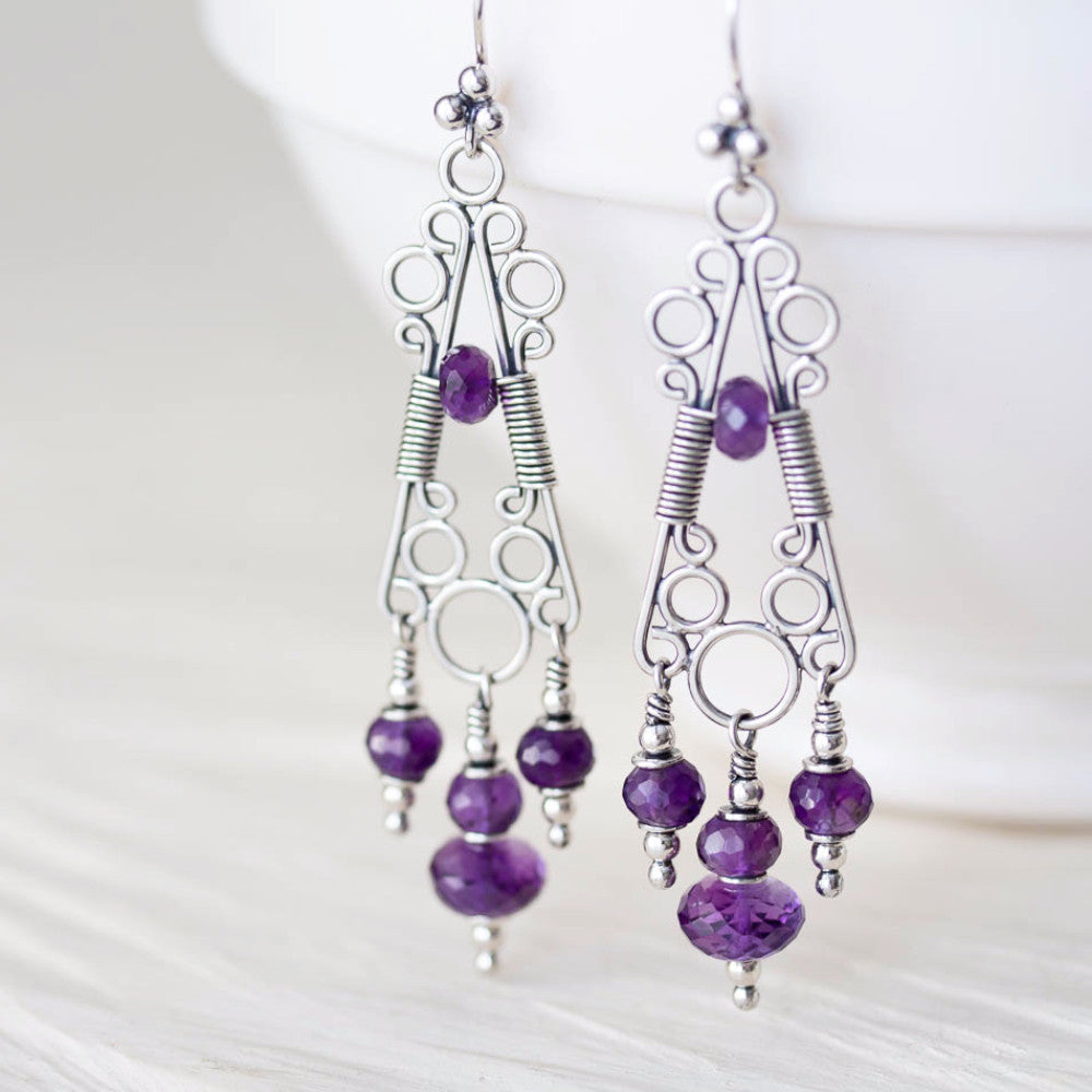 Amethyst Chandelier Earrings, Natural Faceted Stones, Sterling Silver - jewelry by CookOnStrike