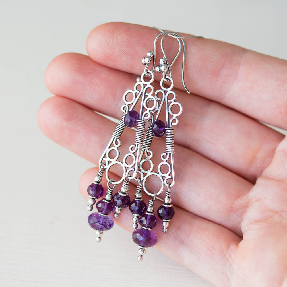 Amethyst Chandelier Earrings, Natural Faceted Stones, Sterling Silver - jewelry by CookOnStrike