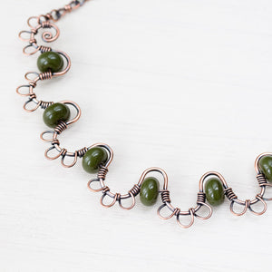Earthy Copper Waves Necklace with Olive Green Lampwork Beads - jewelry by CookOnStrike