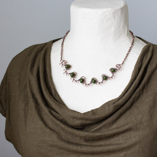Earthy Copper Waves Necklace with Olive Green Lampwork Beads - jewelry by CookOnStrike