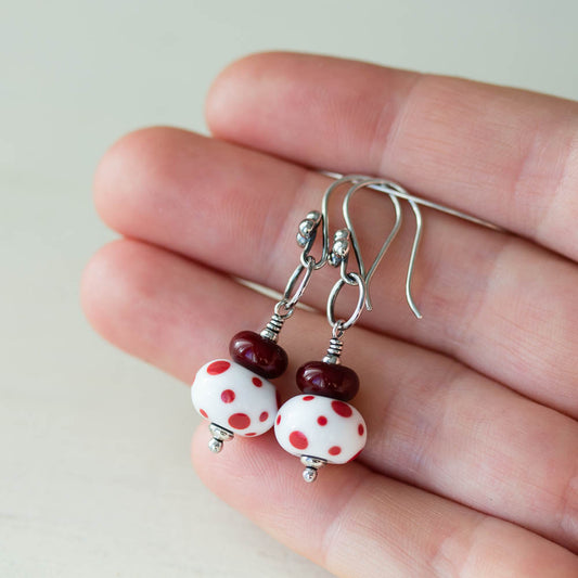 Red and White Stacked Polka Dot Lampwork Earrings, Sterling silver - jewelry by CookOnStrike