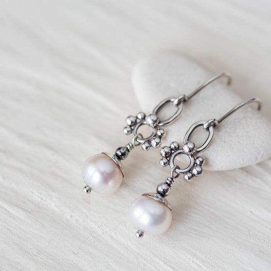 Unique Petite White Pearl Earrings, Sterling Silver - jewelry by CookOnStrike