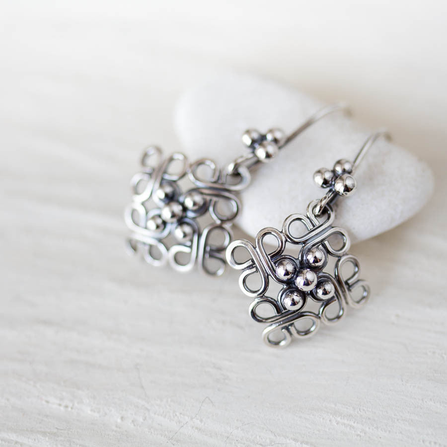 Ornamental Domed Square Earrings, Short Oxidized Silver Dangles - jewelry by CookOnStrike