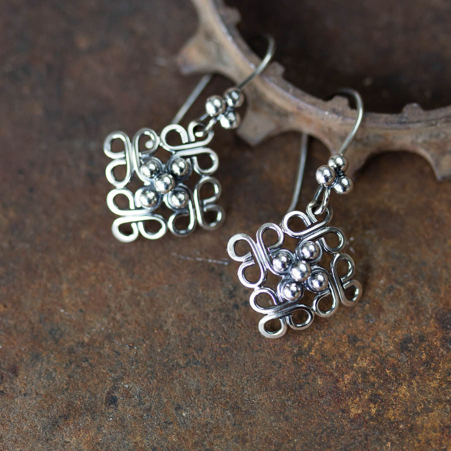 Ornamental Domed Square Earrings, Short Oxidized Silver Dangles - jewelry by CookOnStrike