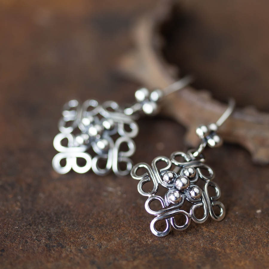 Ornamental Domed Square Earrings, Short Oxidized Silver Dangles - jewelry by CookOnStrike
