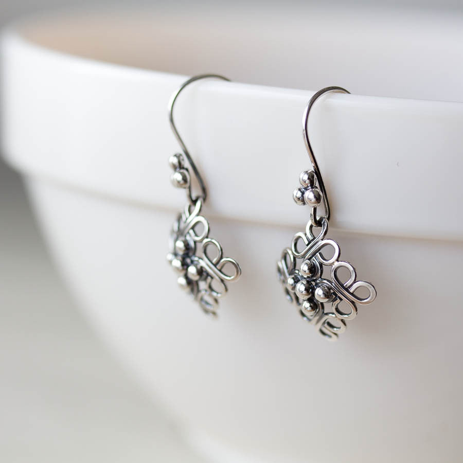 Ornamental Domed Square Earrings, Short Oxidized Silver Dangles - jewelry by CookOnStrike