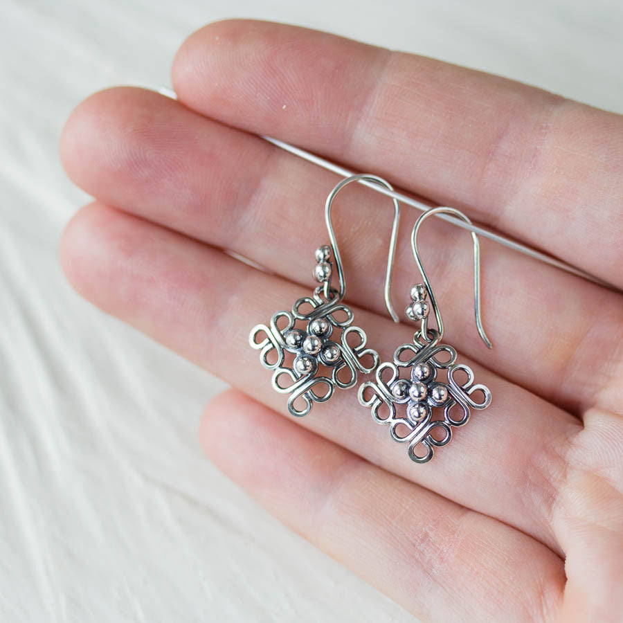 Ornamental Domed Square Earrings, Short Oxidized Silver Dangles - jewelry by CookOnStrike