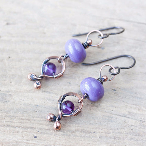 Unusual Boho Dangle Earrings, oxidized copper, pastel purple lampwork glass and amethyst - jewelry by CookOnStrike