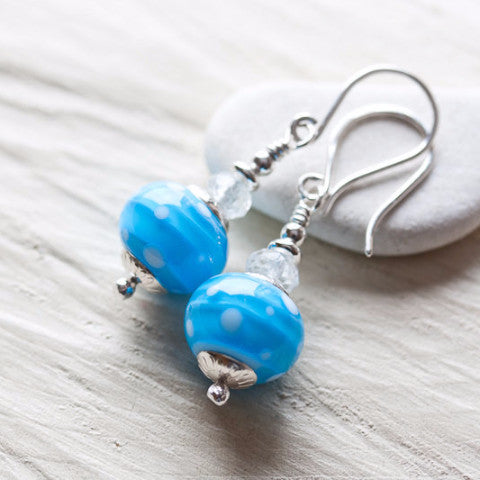Dreamy Light blue earrings, short polka dot lampwork and aquamarine bead dangle - jewelry by CookOnStrike